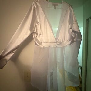 Long Sleeve Sheer Plunge Blouse - Cream